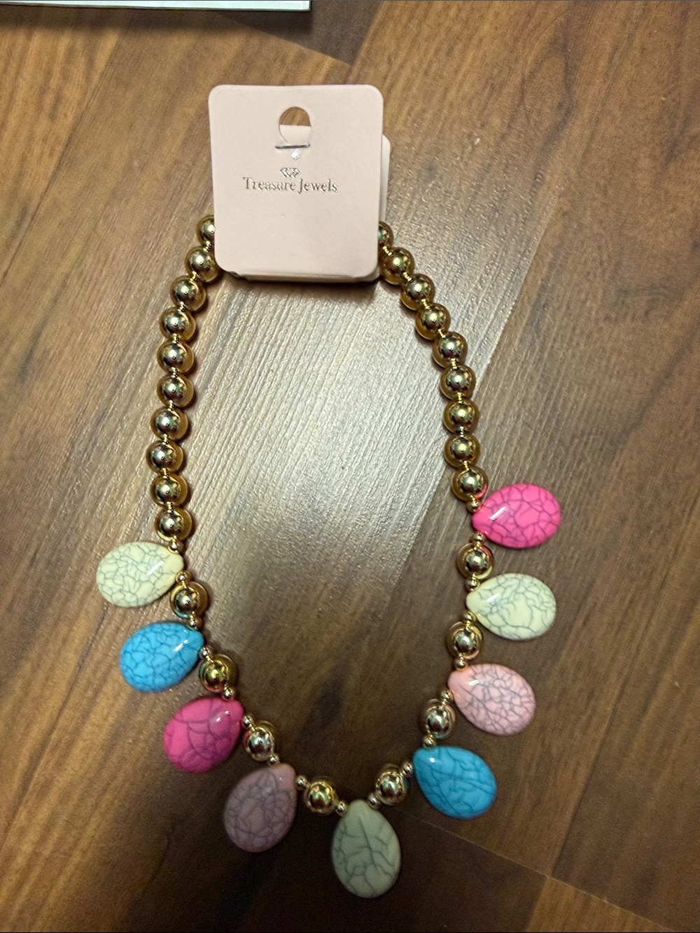 Gold Bead Necklace with Pink, Blue and Cream Stone Drops - Picture 2 of 3